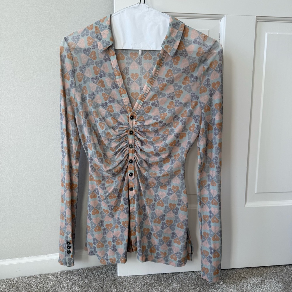 Free People Mesh Heart Ruched Shirt